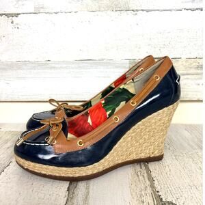 Milly's Womens 9.5 Blue Leather Duck Espadrille Wedge Slip-On Sandals Shoe